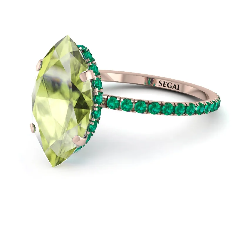 Designer Gemstone Rings-Hidden Halo Marquise Peridot Engagement Ring - Journey No. 705