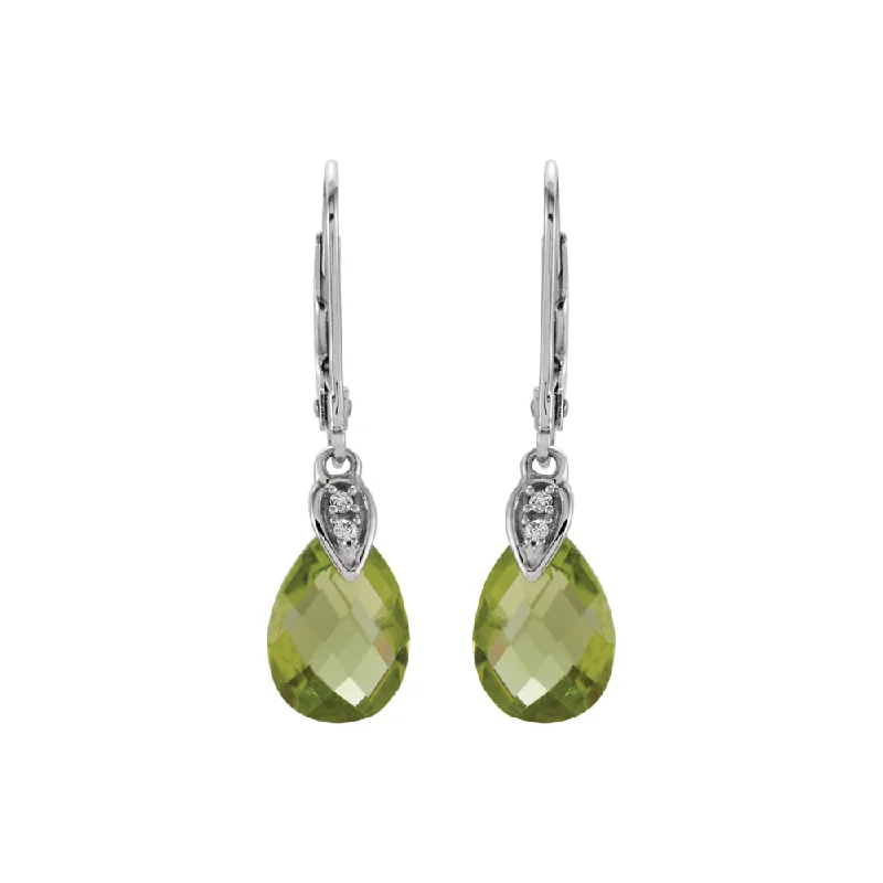 Statement Earrings for Women-Peridot Briolette & Diamond Lever Back Earrings in 14k White Gold