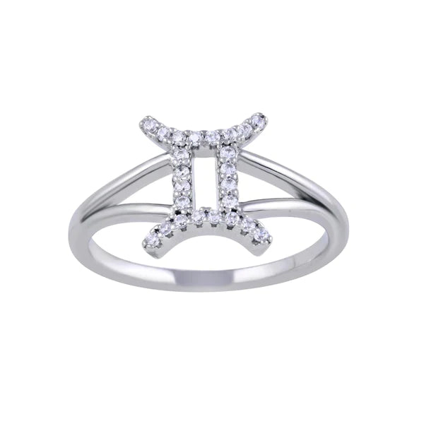 Vintage Style Rings-Sterling Silver 925 Rhodium Plated Gemini CZ Zodiac Sign Ring