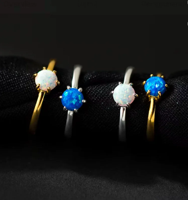 Dainty Gold Rings-Silver-Blue .925 Sterling silver 6 claw natural opal ring