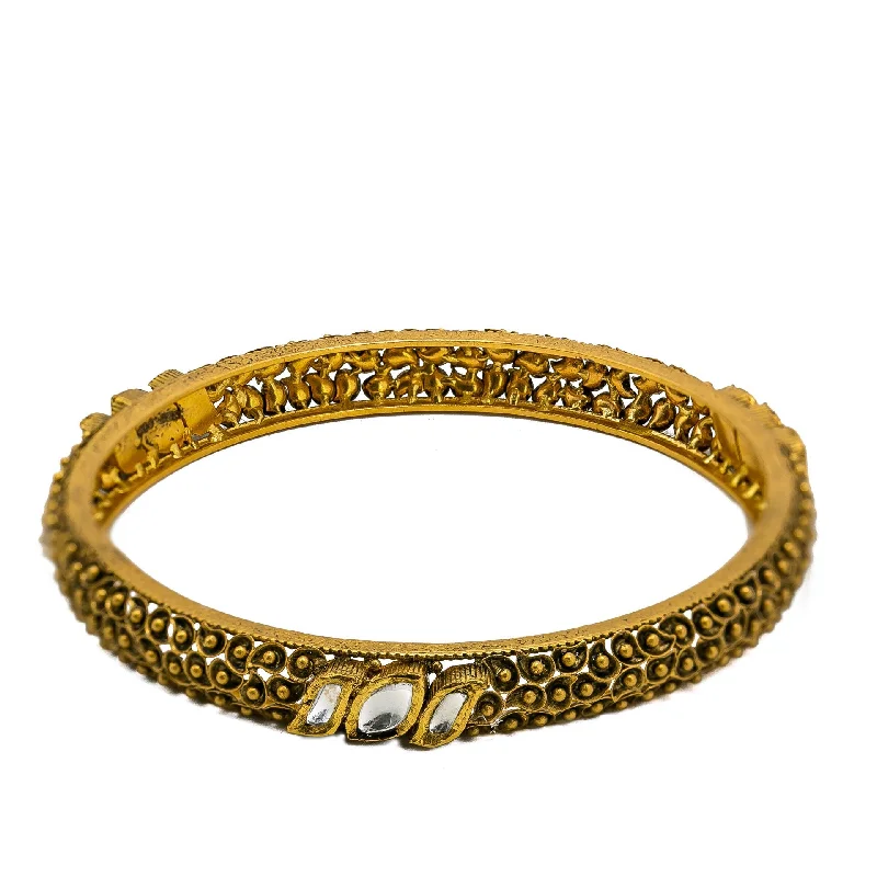 Wedding Jewelry Bangles-22K Yellow Gold Bangles Set of 4 W/ Kundan & Antique Finish Leaf Designs