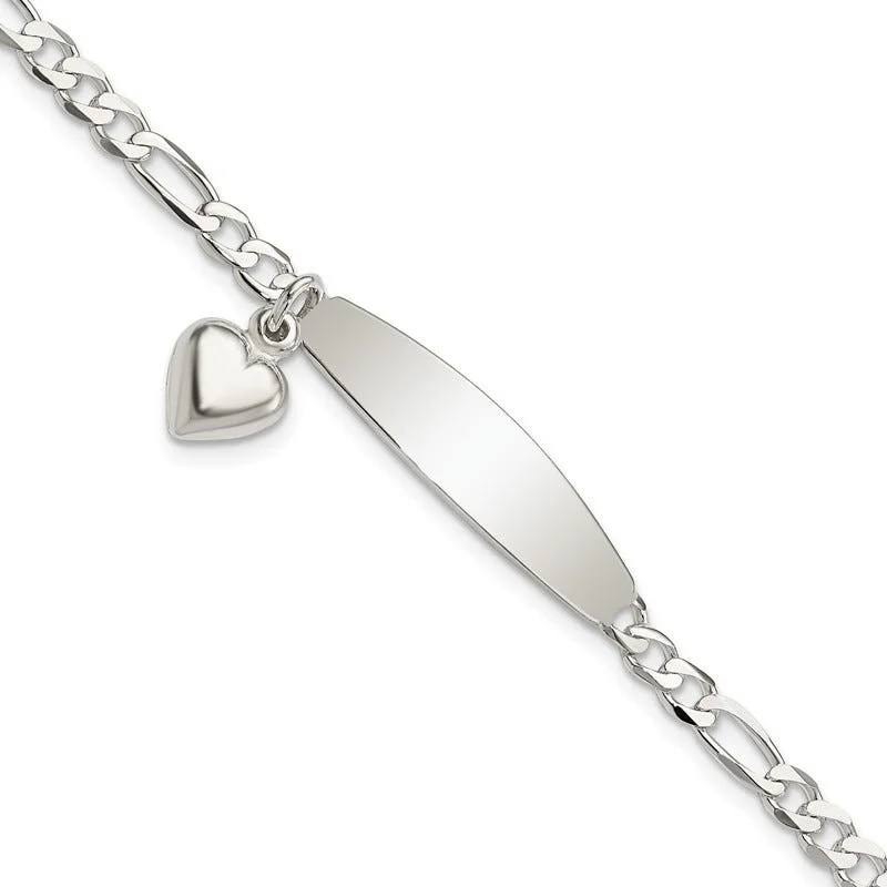 Beautiful Charm Bracelets-Sterling Silver Polished Figaro ID Heart Dangle 8.5in Bracelet