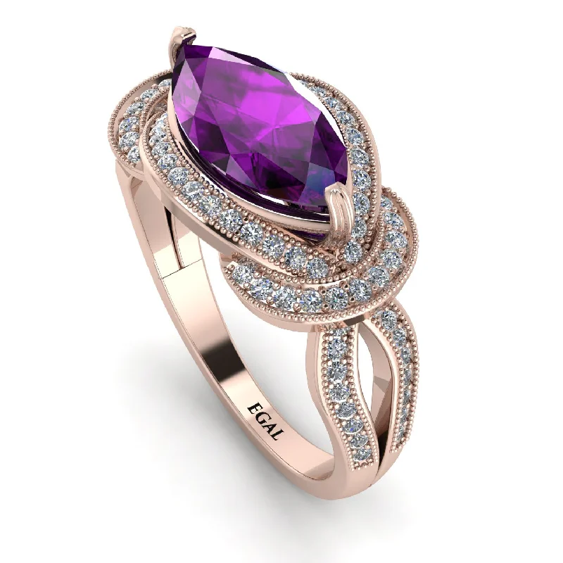 Elegant Silver Rings-Milgrain Marquise Amethyst Engagement Ring - Marley No. 302