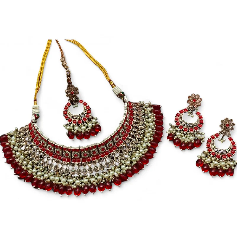 Diamond Pendant Necklaces-Gehana Mahal Gold Plated Crystal Stone Pearl And Beads Necklace Set