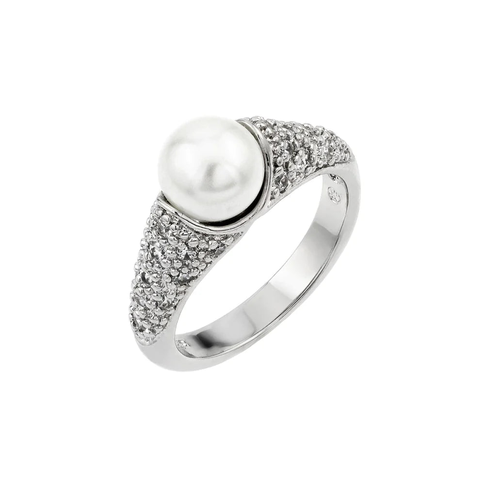 Designer Diamond Wedding Rings-Silver 925 Rhodium Plated Pearl Ring