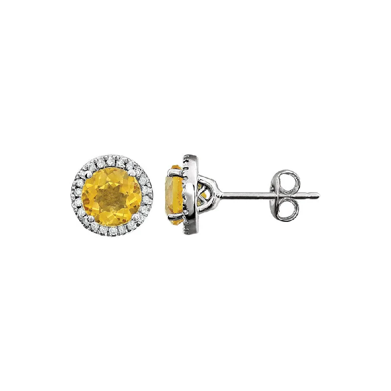 Bright Gemstone Earrings-8mm Halo Style Citrine & Diamond Earrings in 14k White Gold