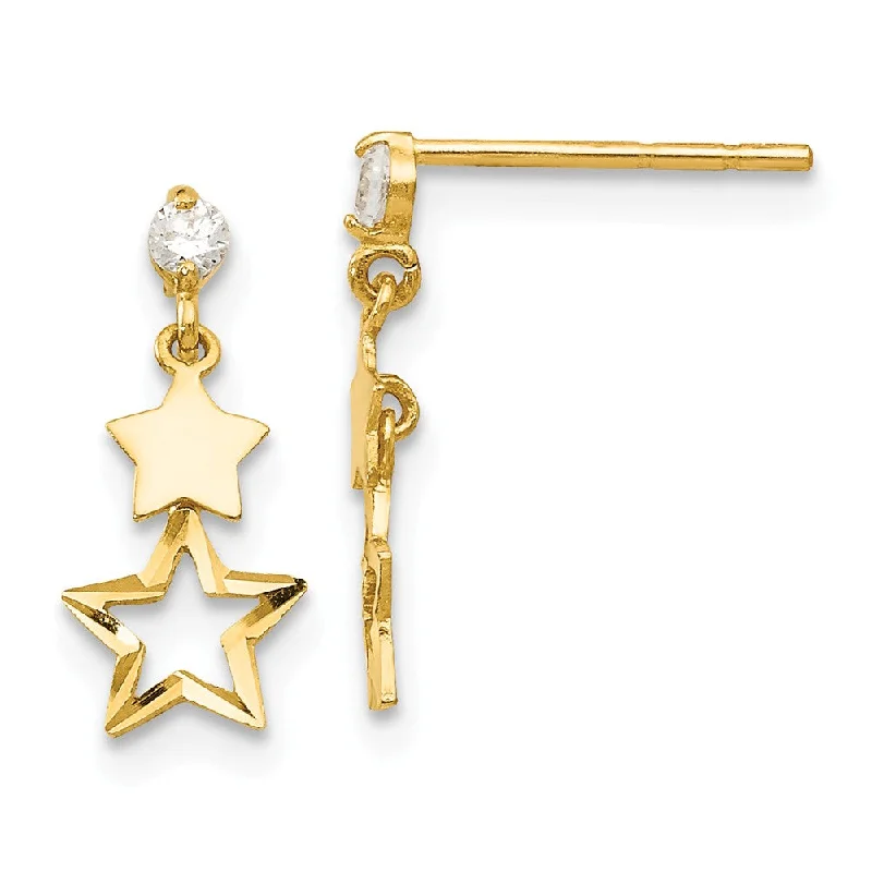 Sparkly Gold Earrings-Kids Cubic Zirconia Double Star Post Dangle Earrings in 14k Gold