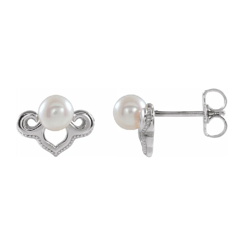 Glittery Silver Earrings-14K White or Yellow Gold Freshwater Cultured Pearl Earrings, 10 x 7mm