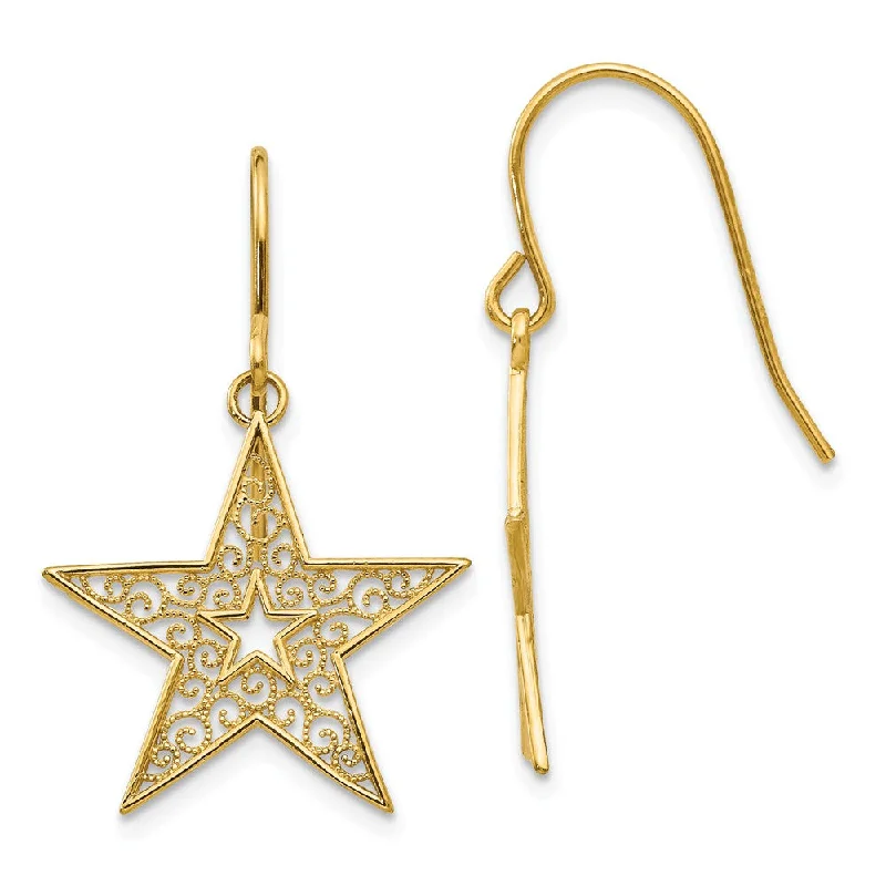 Customizable Earrings-18mm Filigree Star Dangle Earrings in 14k Yellow Gold