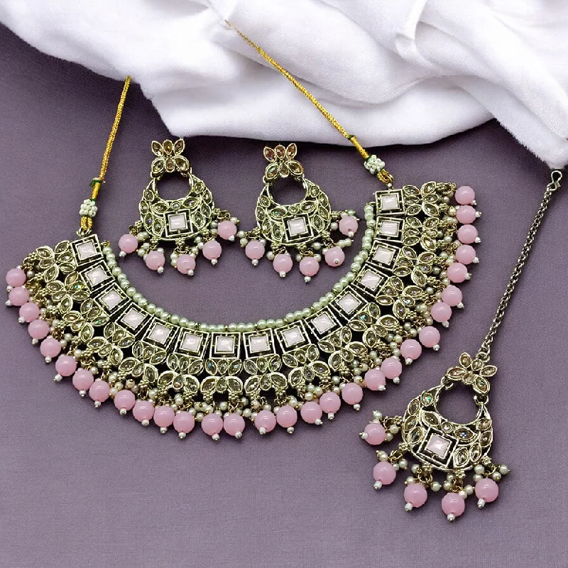 Layered Gemstone Necklaces-Gehana Mahal Gold Plated Crystal Stone Pearl And Beads Necklace Set