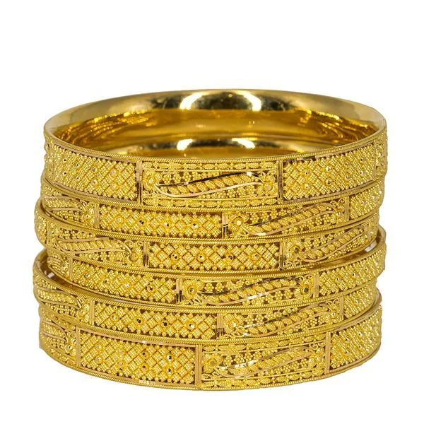 Stunning Wedding Bangle Bracelets Sets-22K Yellow Gold Bangles Set of 6 W/ Sectioned Beaded Filigree, 93.5 gm