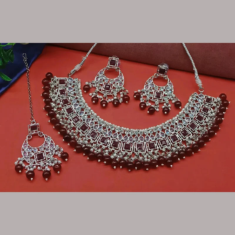 Luxury Wedding Necklaces-Gehana Mahal Silver Plated Crystal Stone Pearl And Beads Necklace Set