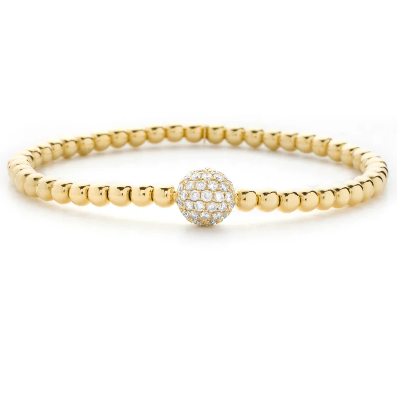 Designer Leather Bracelets-Hulchi Belluni 18K Yellow Gold Stretch Stackable Bracelet with Large Pave Diamond Ball Station