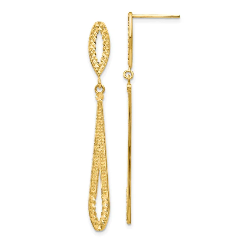 Fashionable Statement Earrings-Long Textured and Diamond-cut Dangle Post Earrings in 14k Yellow Gold