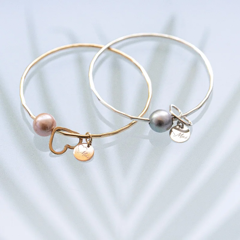 Simple Silver Bangle Bracelets-Keiki (Child) Tahitian Pearl Bangle