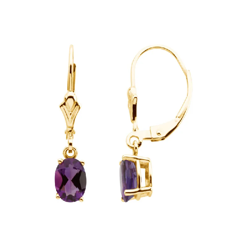 Cute Stud Earrings-Oval Amethyst Lever Back Earrings in 14k Yellow Gold