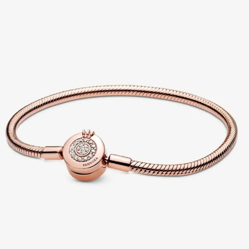 Elegant Silver Cuff Bracelets-Pandora Moments Sparkling Crown O Snake Chain Bracelet w/Clear CZ Rose