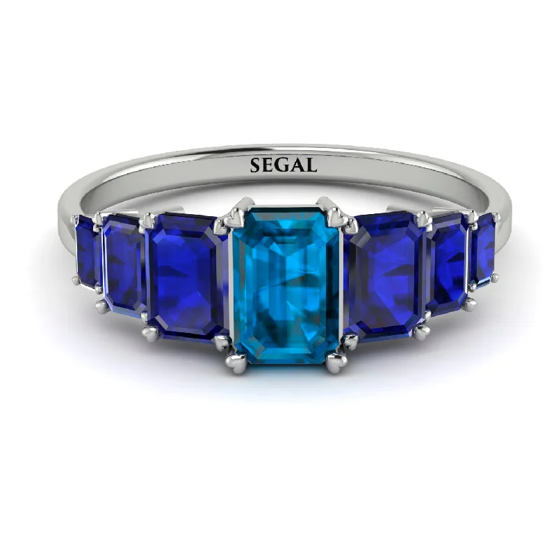 Personalized Birthstone Rings-Emerald Cut Blue Topaz Geometrical Ring - Briella No. 515