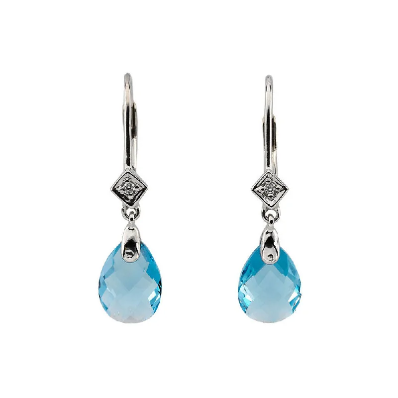 Tassel Earrings-Swiss Blue Topaz & Diamond Lever Back Earrings in 14k White Gold