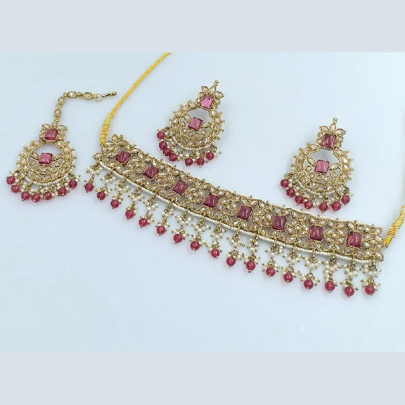 Handmade Gold Necklaces-Rajwadi Collection Gold Plated Crystal Stone Pearl And Beads Choker Necklace Set