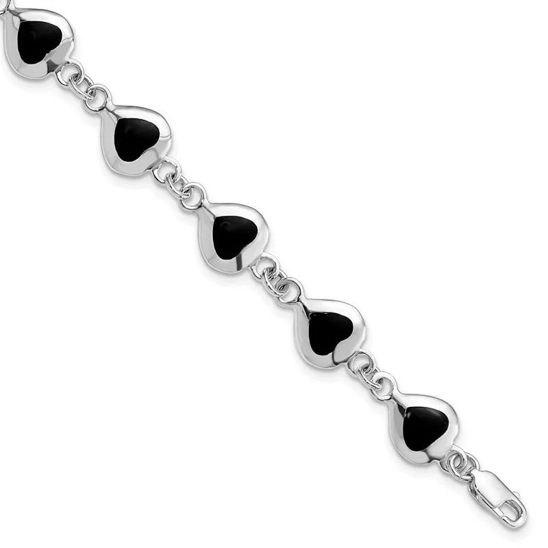 Adjustable Gold Bracelets-Sterling Silver Rhodium-plated 7inch Fancy Polished Heart Onyx Bracelet