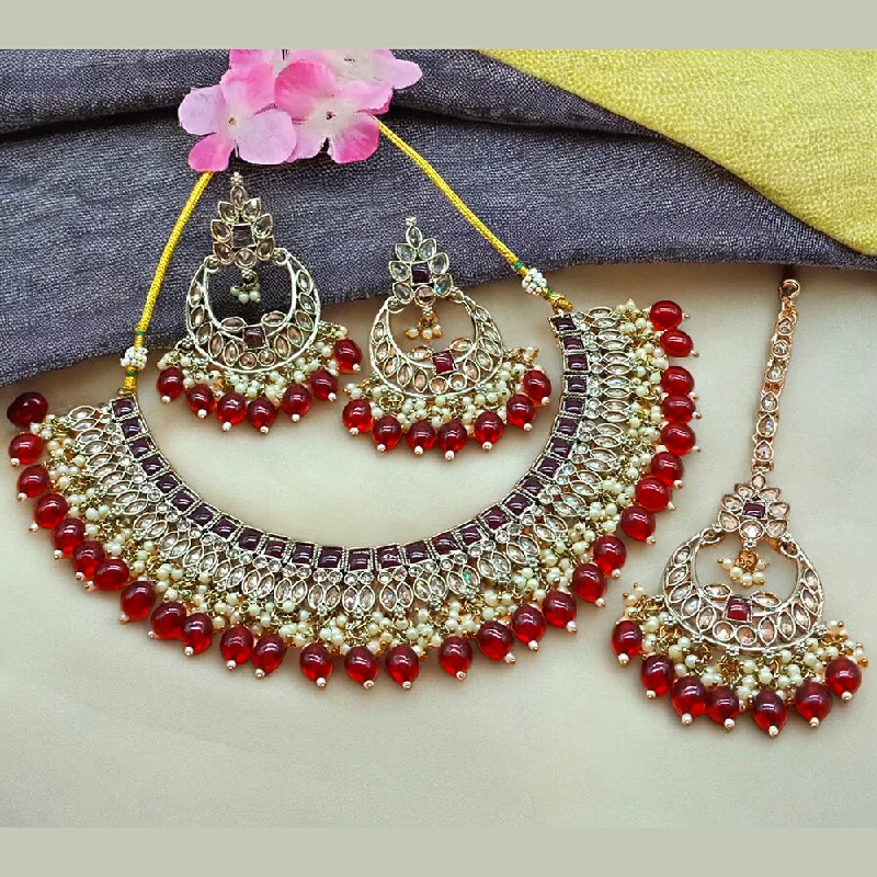 Luxury Crystal Pendant Necklaces-Gehana Mahal Gold Plated Crystal Stone Pearl And Beads Necklace Set