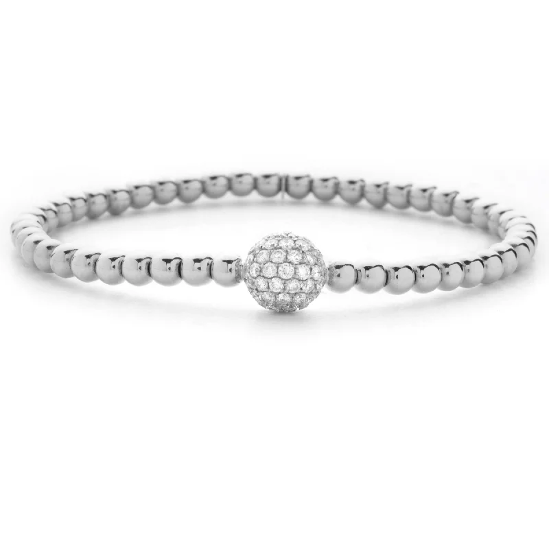 Beautiful Wedding Charm Bracelets-Hulchi Belluni 18K White Gold Stretch Stackable Bracelet with Large Pave Diamond Ball Station