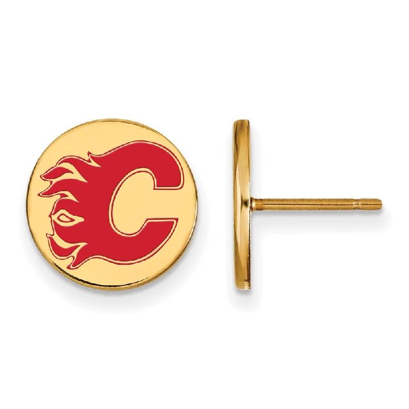 Large Statement Earrings-SS 14k Yellow Gold Plated NHL Calgary Flames SM Enamel Post Earrings