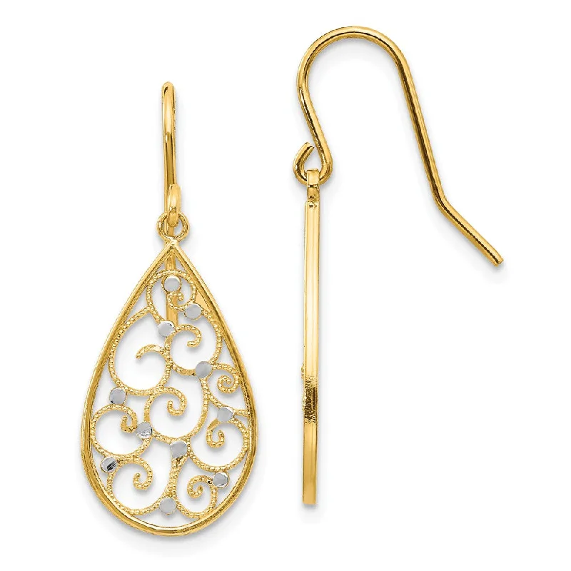 Premium Silver Earrings-Open Scroll Teardrop Earrings in 14k Yellow Gold and Rhodium