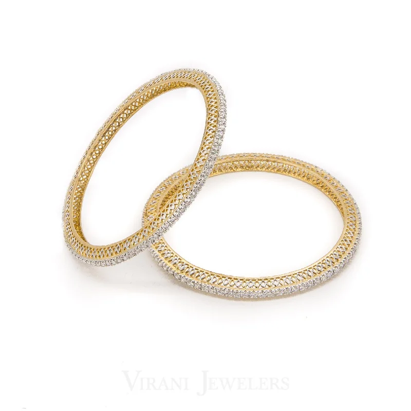 Ethnic Style Bangles-6.56CT Round Brilliant Diamond Bangles in 18K Yellow Gold, Set of 2