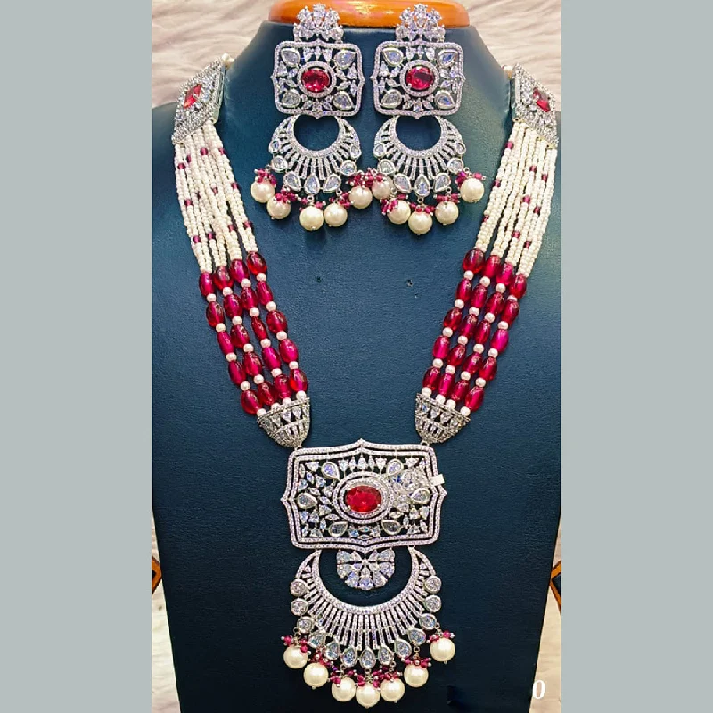 Antique Style Necklaces-Jain Jewellers Silver Plated  AD And Pearl  Long  Necklace Set