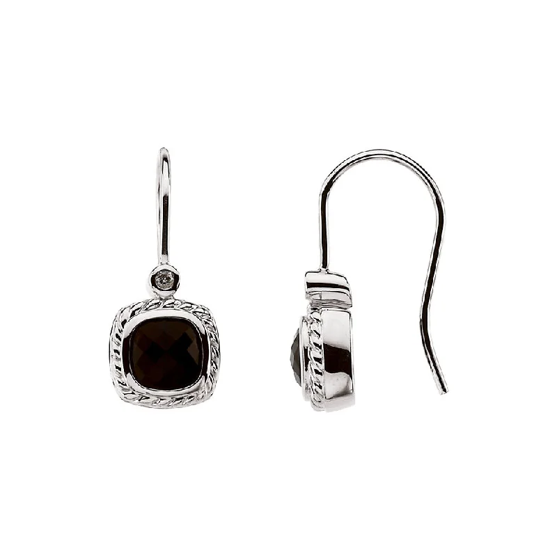 Handmade Earrings-Cushion Onyx and Diamond Dangle Earrings in 14k White Gold