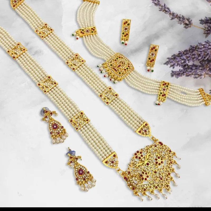 Delicate Gold Necklaces-Trilok Jewel Gold Plated Austrian Stone And Pearl Long Necklace Set