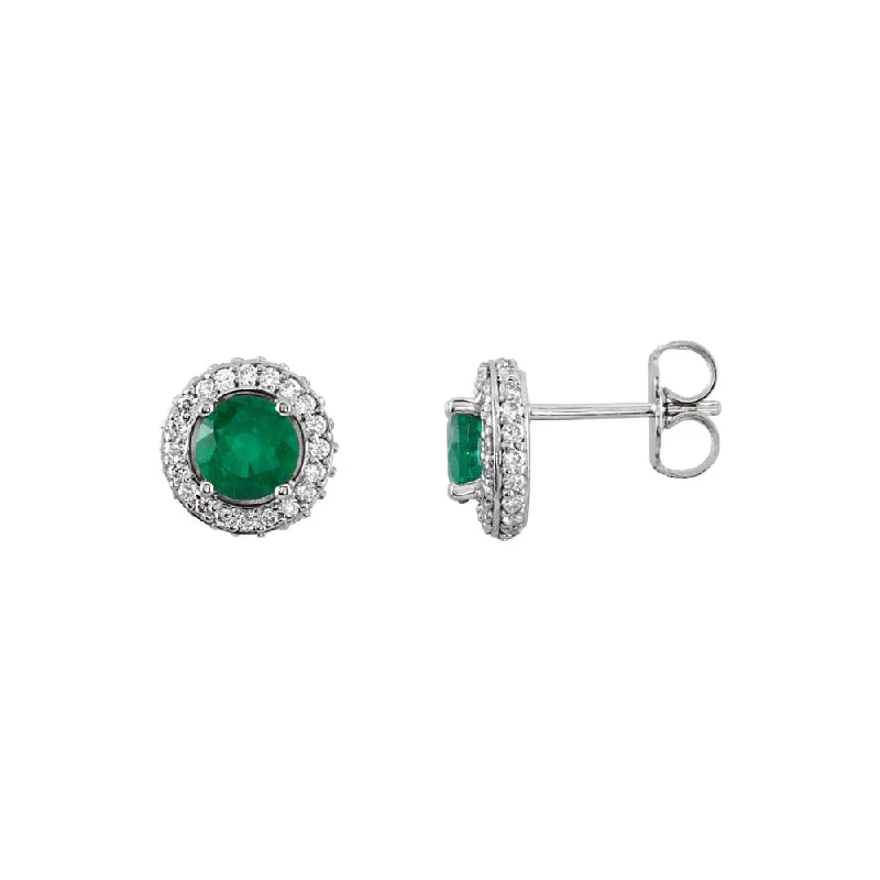 Gold Crystal Earrings-Emerald & Diamond Entourage 8mm Post Earrings in 14k White Gold