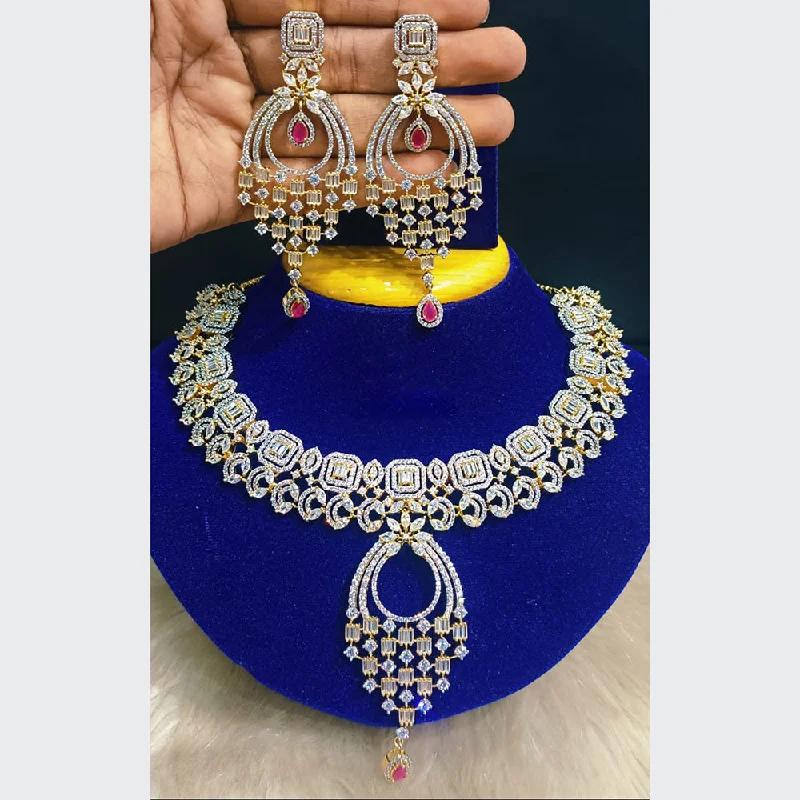 Pearl and Diamond Necklaces-Jain Jewellers Gold Plated AD Stone  Necklace Set