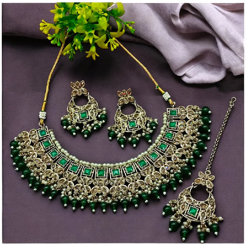 Luxurious Silver Necklaces-Gehana Mahal Gold Plated Crystal Stone Pearl And Beads Necklace Set