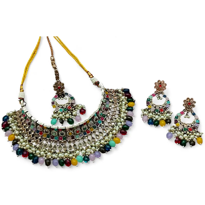 Elegant Gold Necklaces-Gehana Mahal Gold Plated Crystal Stone Pearl And Beads Necklace Set