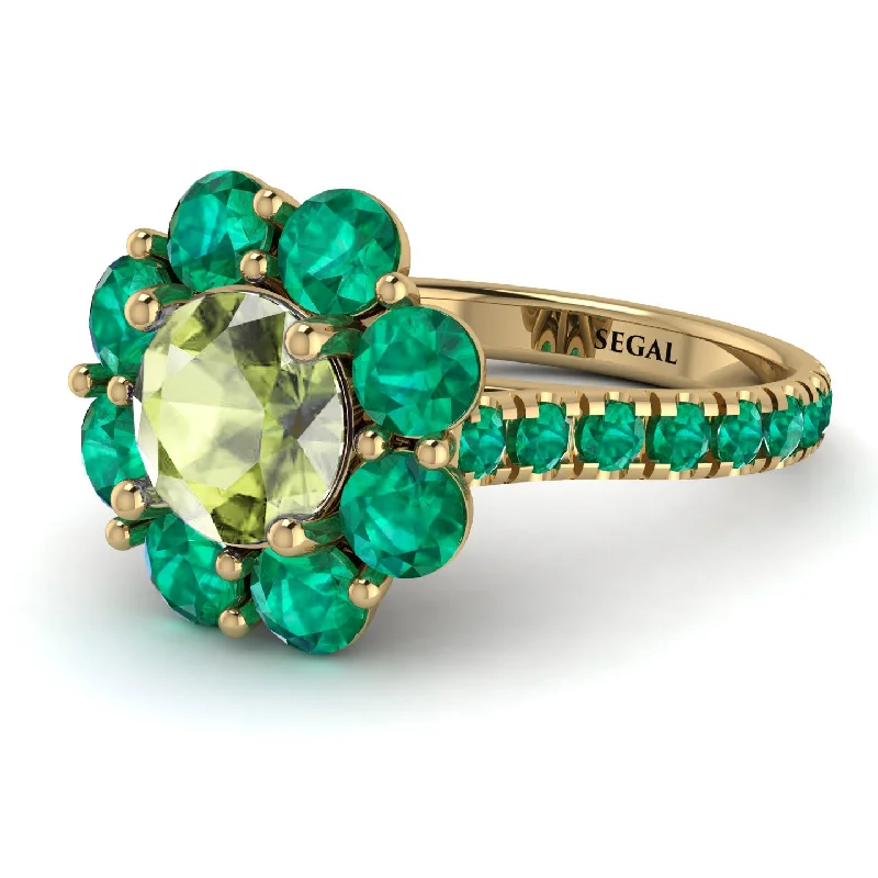 Modern Gold Wedding Bands-Glamorous Peridot Halo Engagement Ring - Amaya No. 704