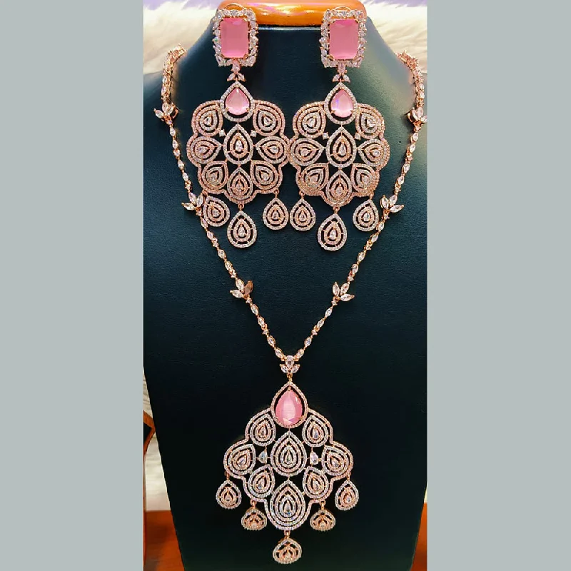 Minimalist Silver Necklaces-Jain Jewellers Rose Gold Plated  AD Long  Necklace Set