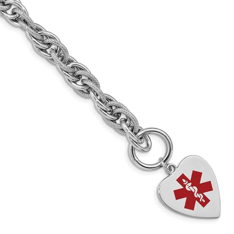 High-End Charm Bracelets-Sterling Silver Rhodium Engraveable Enamel Heart Medical ID Bracelet