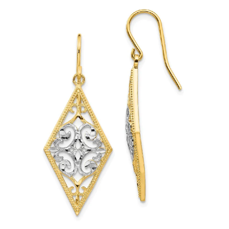 Delicate Hoop Earrings-Diamond Shape Filigree Dangle Earrings in 14k Yellow Gold and Rhodium