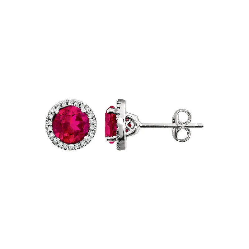 Boho Earrings for Weddings-8mm Halo Style Created Ruby & Diamond Earrings in 14k White Gold