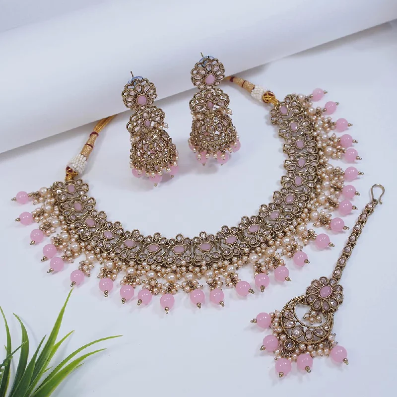 Minimalist Silver Necklaces-Mangalmani Jewels Gold Plated Crystal Stone Pearl And Beads Necklace Set