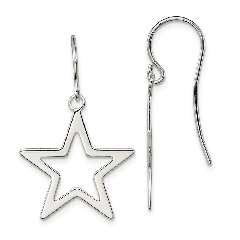 Vintage Silver Earrings-20mm Polished Open Star Dangle Earrings in Sterling Silver