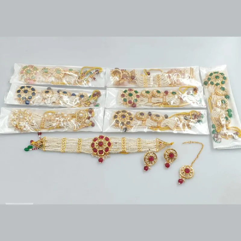 Beautiful Diamond Necklaces-Rani Sati Jewels Gold Plated Crystal Stone Pota And Pearls Choker Necklace Set