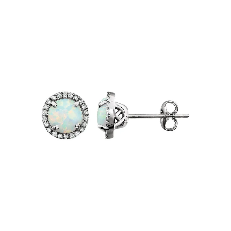 Trendy Silver Earrings-8mm Halo Style Created Opal & Diamond Earrings in 14k White Gold