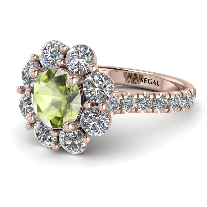 Handcrafted Wedding Bands-Glamorous Peridot Halo Engagement Ring - Amaya No. 702