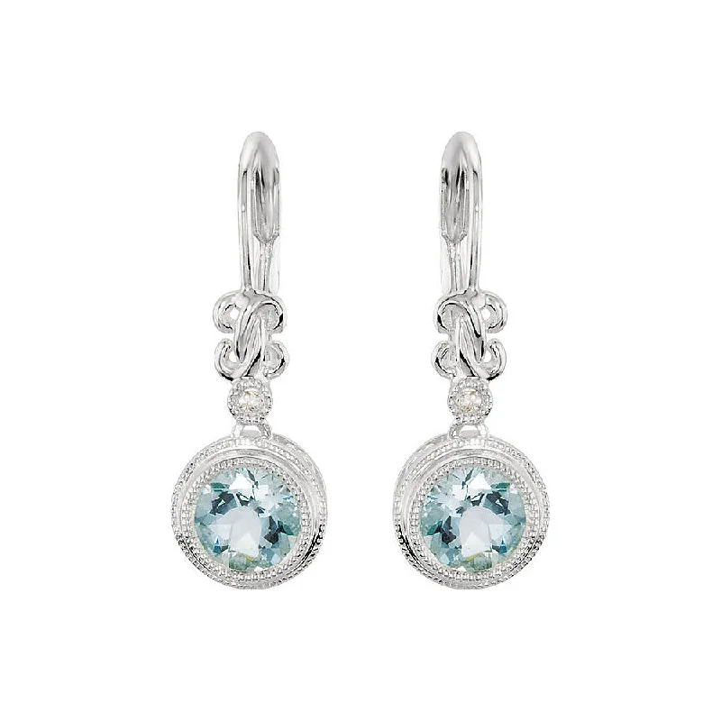 Silver Hoop Earrings-Round Aquamarine and Diamond Lever Back Earrings in 14k White Gold