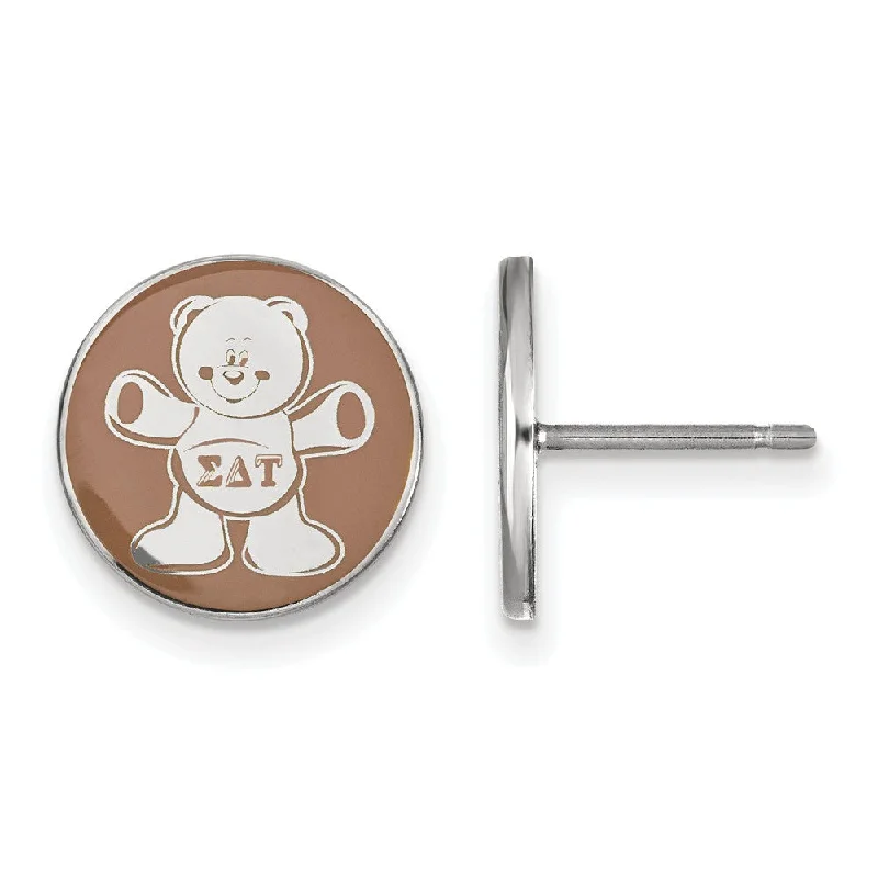 Pearl Drop Earrings-Sterling Silver Sigma Delta Tau Brown Enamel Bear Post Earrings