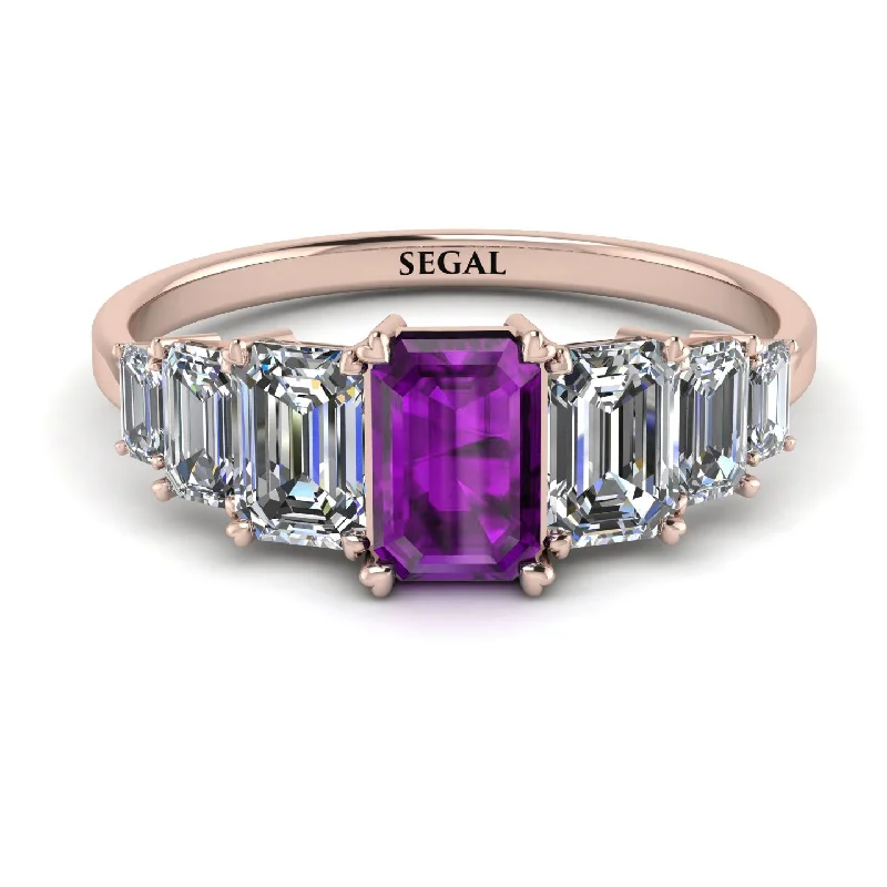 Simple Gold Wedding Bands-Emerald Cut Amethyst Geometrical Ring - Briella No. 302